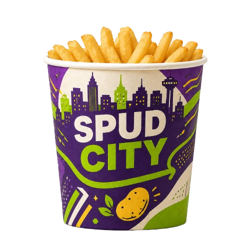 Custom printed Spud City fry cup filled with fries